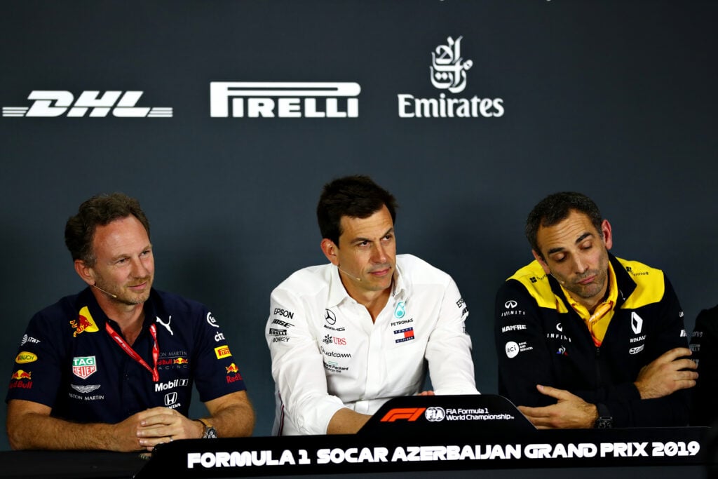 The Team Principals Press Conference with Red Bull Racing Team Principal Christian Horner, Mercedes GP Executive Director Toto Wolff and Renault Sport F1 Managing Director Cyril Abiteboul during practice for the F1 Grand Prix of Azerbaijan at Baku City Circuit on April 26, 2019 in Baku, Azerbaijan.