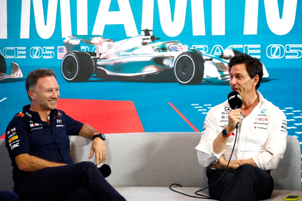 Red Bull Racing Team Principal Christian Horner and Mercedes GP Executive Director Toto Wolff talk in the Team Principals Press Conference during practice ahead of the F1 Grand Prix of Miami at Miami International Autodrome on May 05, 2023 in Miami, Florida.