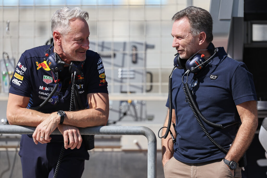 Jonathan Wheatley of Great Britain and Oracle Red Bull Racing and Christian Horner of Great Britain and Oracle Red Bull Racing during Day One of F1 Testing at Bahrain International Circuit on February 21, 2024 in Bahrain, Bahrain.