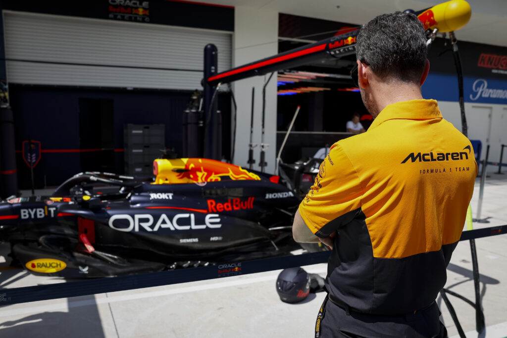 McLaren team principal Andrea Stella observes Red Bull Racing Max Verstappen car at the pits ahead of the first practice for the 2024 Formula 1 Miami Grand Prix at Hard Rock Stadium on May 03, 2024, in Miami, Florida.