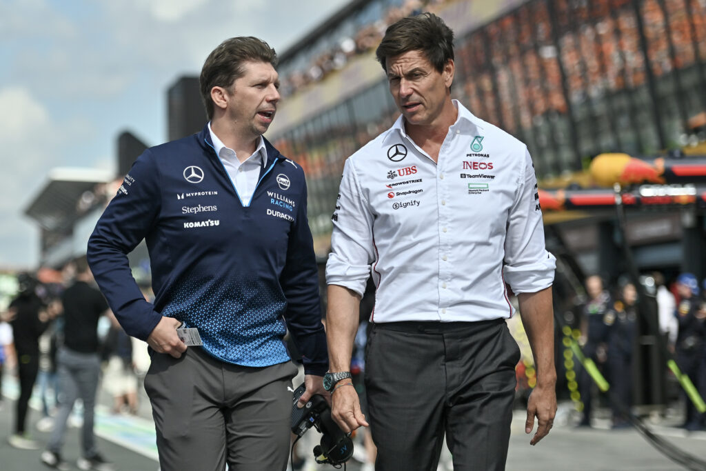 James Vowles of Great Britain and Williams Racing and Toto Wolff of Austria and Mercedes-AMG PETRONAS F1 Team during the F1 Grand Prix of The Netherlands at Circuit Zandvoort on August 25, 2024 in Zandvoort, Netherlands.
