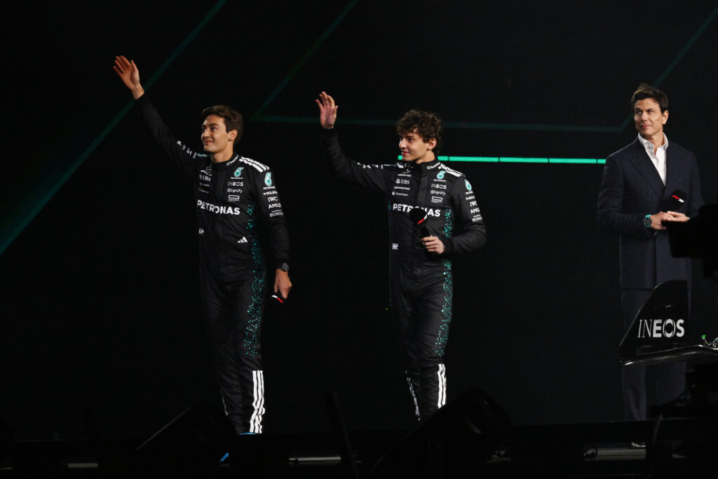 Andrea Kimi Antonelli of Italy and Mercedes AMG Petronas F1 Team, Toto Wolff, Executive Director of Mercedes AMG Petronas F1 Team and George Russell of Great Britain and Mercedes AMG Petronas F1 Team during F1 75 Live at The O2 Arena on February 18, 2025 in London, England.