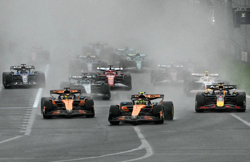Lando Norris leads at the start of the 2025 Australian Grand Prix