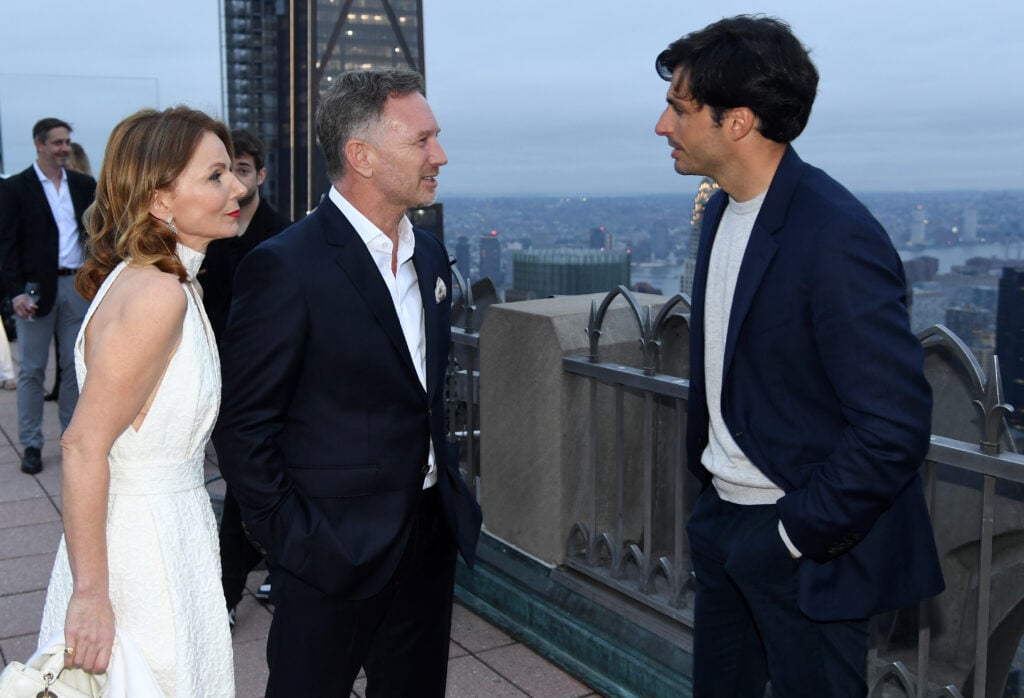 Christian Horner speaks with Williams driver Carlos Sainz at an F1: The Movie event in New York