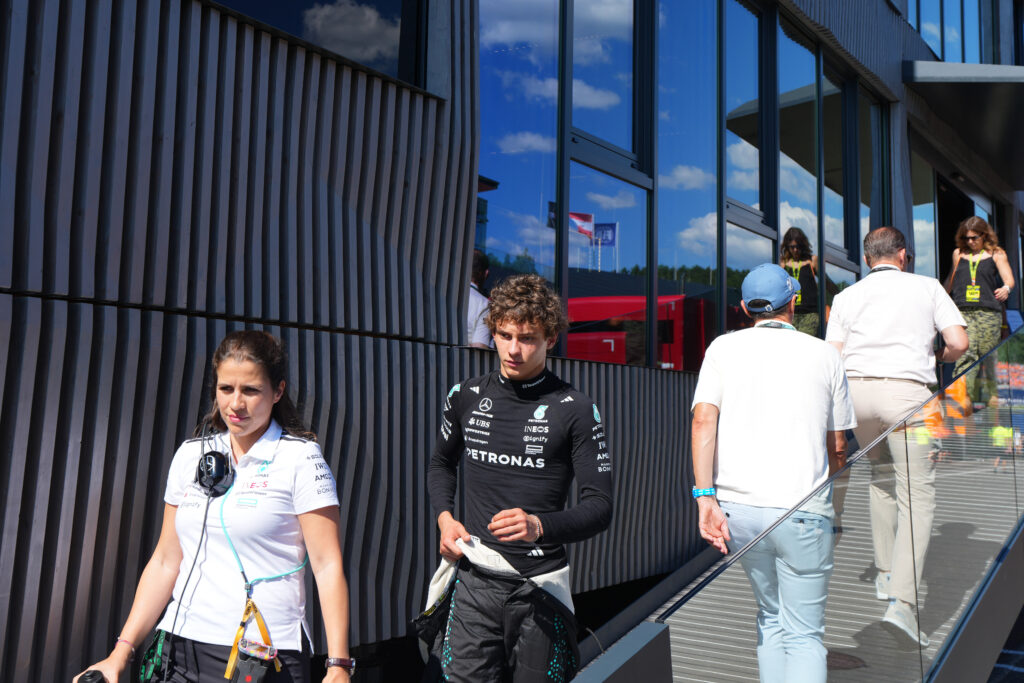 Andrea Kimi Antonelli of Italy and Mercedes AMG Petronas F1 Team walks from the Oracle Red Bull Racing hospitality area after a crash with Max Verstappen of the Netherlands and Oracle Red Bull Racing at the start during the F1 Grand Prix of Austria at Red Bull Ring on June 29, 2025 in Spielberg, Austria.