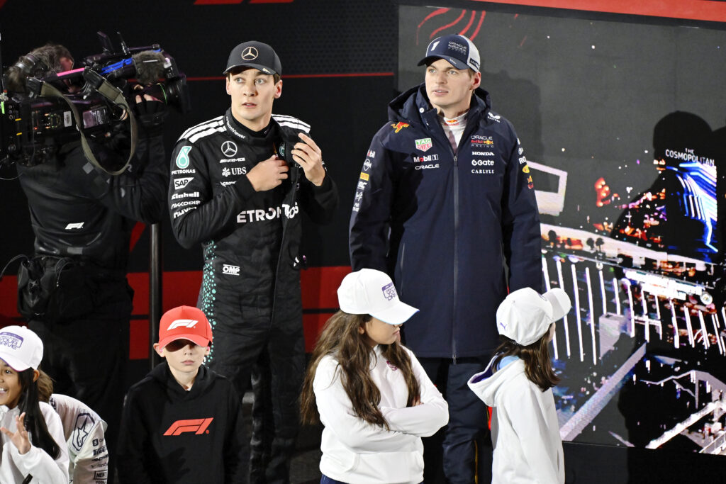 George Russell and Max Verstappen attend the drivers introduction during the F1 Las Vegas Grand Prix on November 22, 2025 in Las Vegas, Nevada.