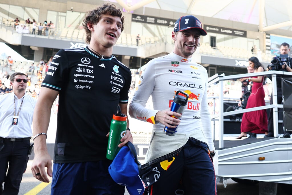 Andrea Kimi Antonelli of Mercedes and Max Verstappen of Red Bull Racing ahead of the Formula 1 Abu Dhabi Grand Prix at Yas Marina Circuit in Abu Dhabi, United Arab Emirates on December 7, 2025.