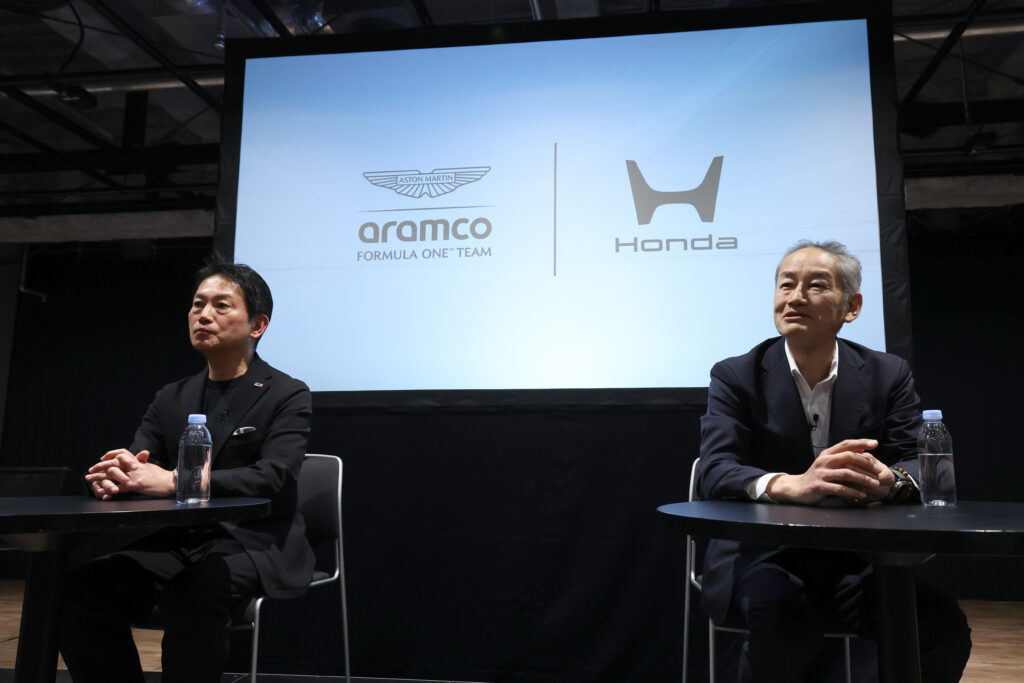 President of Honda Racing Corporation (HRC) Koji Watanabe (L) and Ikuo Takeishi of HRC attend a Q&A session following the Honda x Aston Martin Aramco Formula One team launch on January 20, 2026 in Tokyo, Japan.