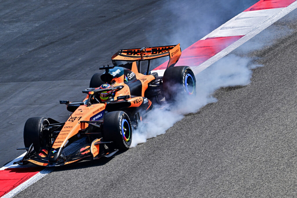 McLaren driver Oscar Piastri locks up on track during 2026 F1 pre-season testing in Bahrain