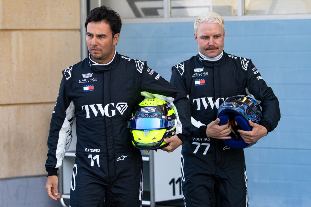 Cadillac drivers Sergio Perez and Valtteri Bottas during the 2026 F1 Bahrain test