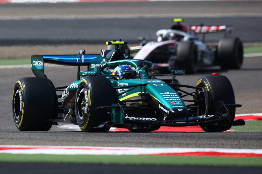 Fernando Alonso of Spain drives the (14) Aston Martin Aramco F1 Team AMR26 Honda during the Formula 1 Aramco Pre-Season Testing 1 2026 in Sakhir, Bahrain, on February 19, 2026.