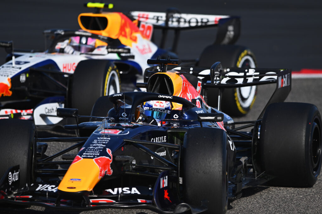 Red Bull's Max Verstappen and Racing Bulls' Liam Lawson on track during the 2026 F1 Bahrain test