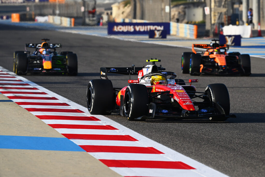 Ferrari driver Lewis Hamilton leading a Red Bull and McLaren during 2026 Bahrain pre-season testing