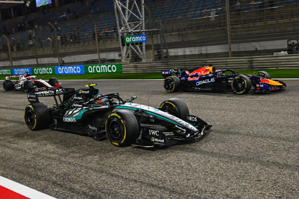 Mercedes driver Andrea Kimi Antonelli and Red Bull's Max Verstappen do practice starts at the 2026 F1 Bahrain pre-season test