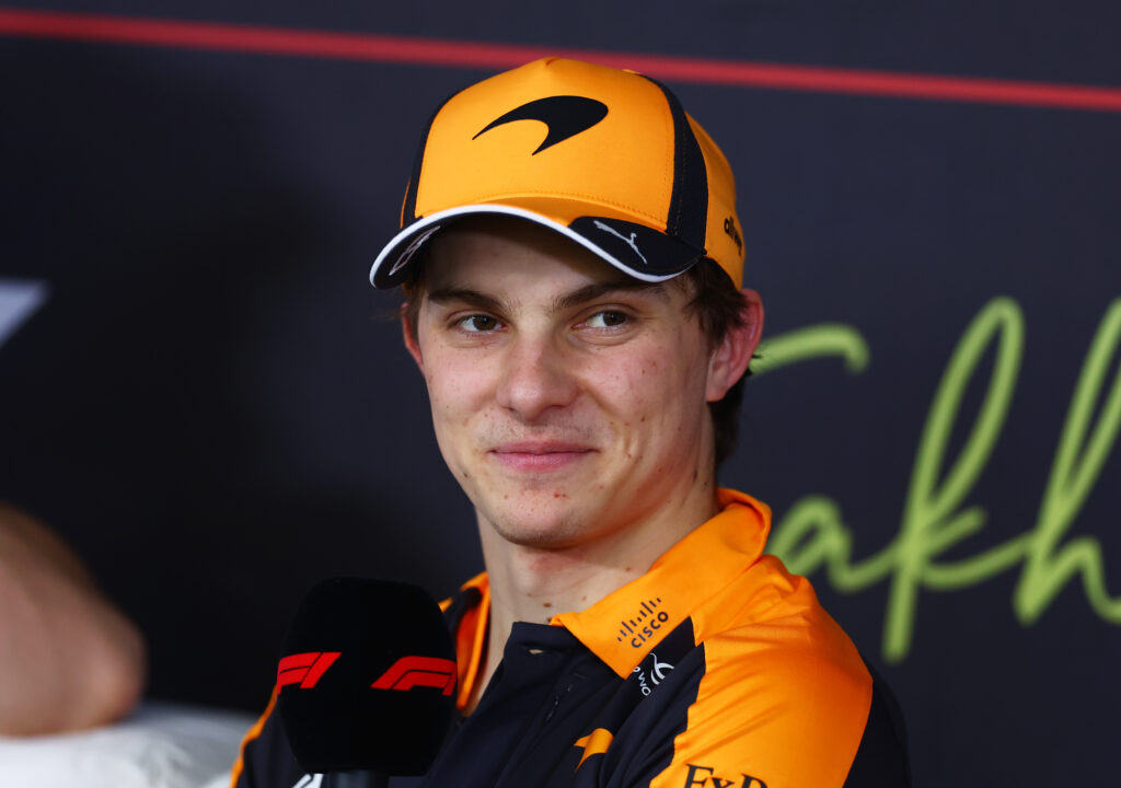 Oscar Piastri of McLaren speaks to the media during the 2026 F1 Bahrain test