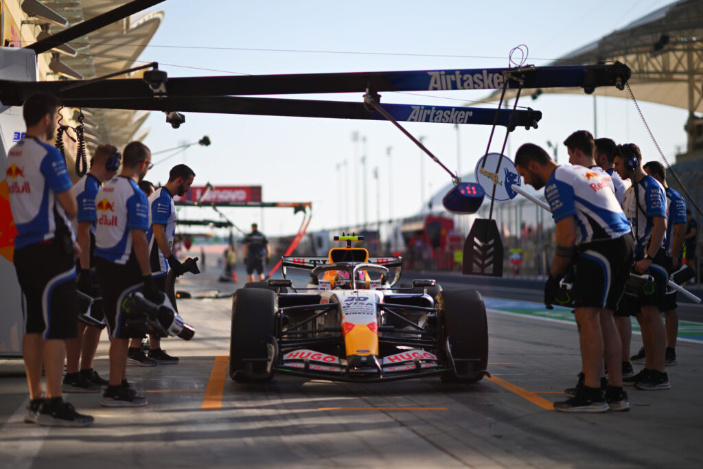 Racing Bulls driver Liam Lawson entering the pit lane during 2026 Bahrain pre-season testing