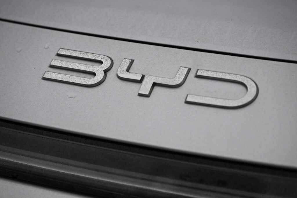 A BYD logo on a store in Nanjing, China
