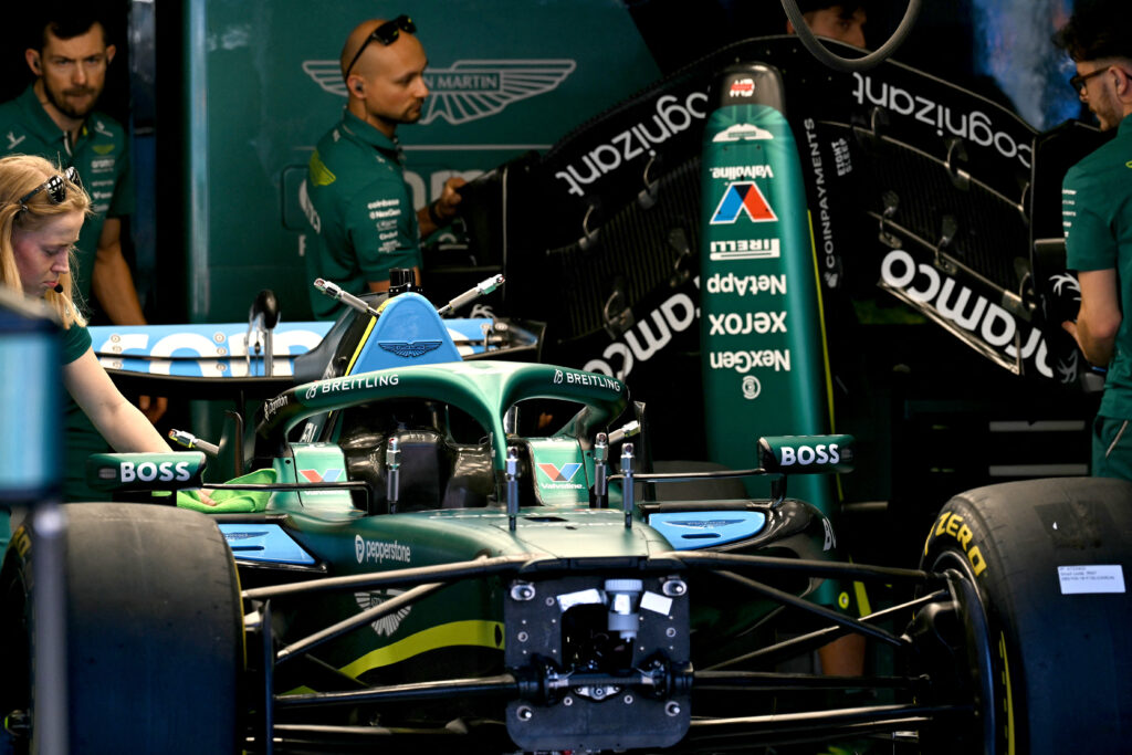 Aston Martin work on Lance Stroll's car in the garage ahead of the 2026 F1 Australian Grand Prix