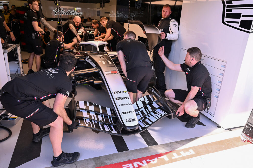 Cadillac engineers work on Sergio Perez's car during practice at the 2026 F1 Australian Grand Prix