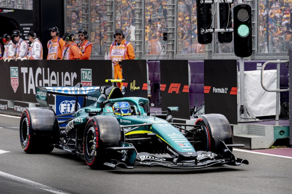 Aston Martin driver Fernando Alonso leaving the pit lane at the 2026 Australian Grand Prix