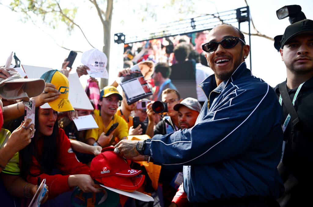 Lewis Hamilton of Great Britain and Scuderia Ferrari greets fans on the Melbourne Walk during previews ahead of the F1 Grand Prix of Australia at Albert Park Grand Prix Circuit on March 05, 2026 in Melbourne, Australia.