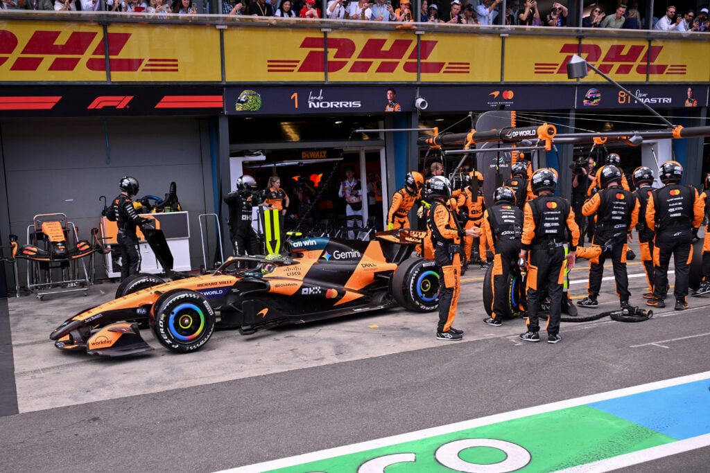 McLaren driver Lando Norris makes a pit stop for the hard Pirelli tyres during the 2026 F1 Australian Grand Prix