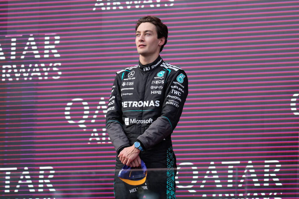 George Russell of Great Britain and the Mercedes AMG Petronas F1 Team celebrates on the podium as the race winner during the F1 Grand Prix of Australia at Albert Park Grand Prix Circuit in Melbourne, Australia, on March 8, 2026.
