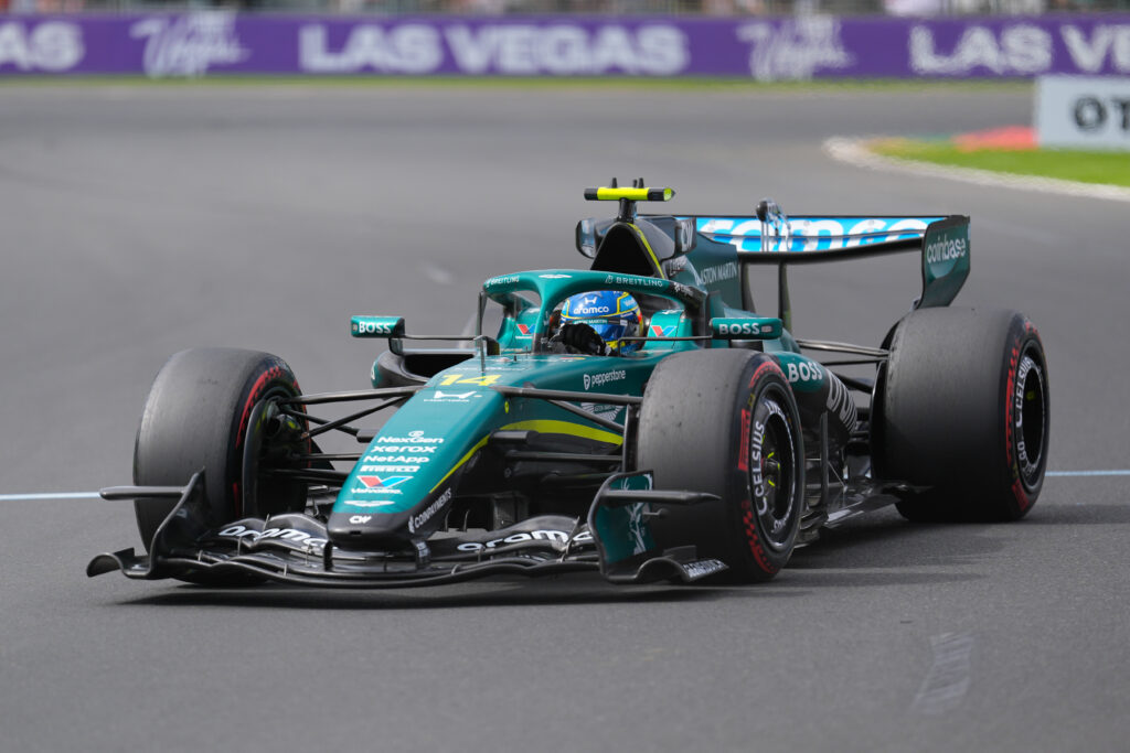 Fernando Alonso racing at the Australian Grand Prix in the Aston Martin AMR26.