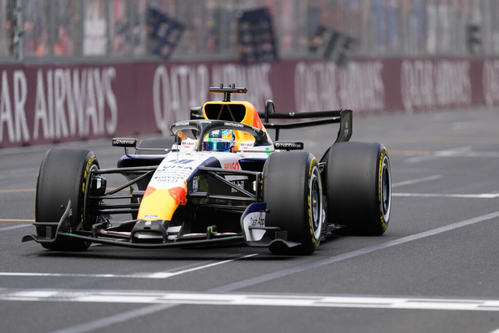 Racing Bulls driver Arvid Lindblad crossing the line at the 2026 Formula 1 Australian Grand Prix