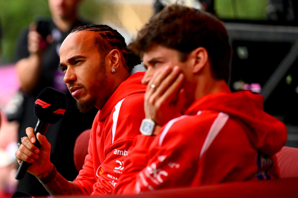 Ferrari drivers Lewis Hamilton and Charles Leclerc speak at a fans' forum at the 2026 F1 Australian Grand Prix