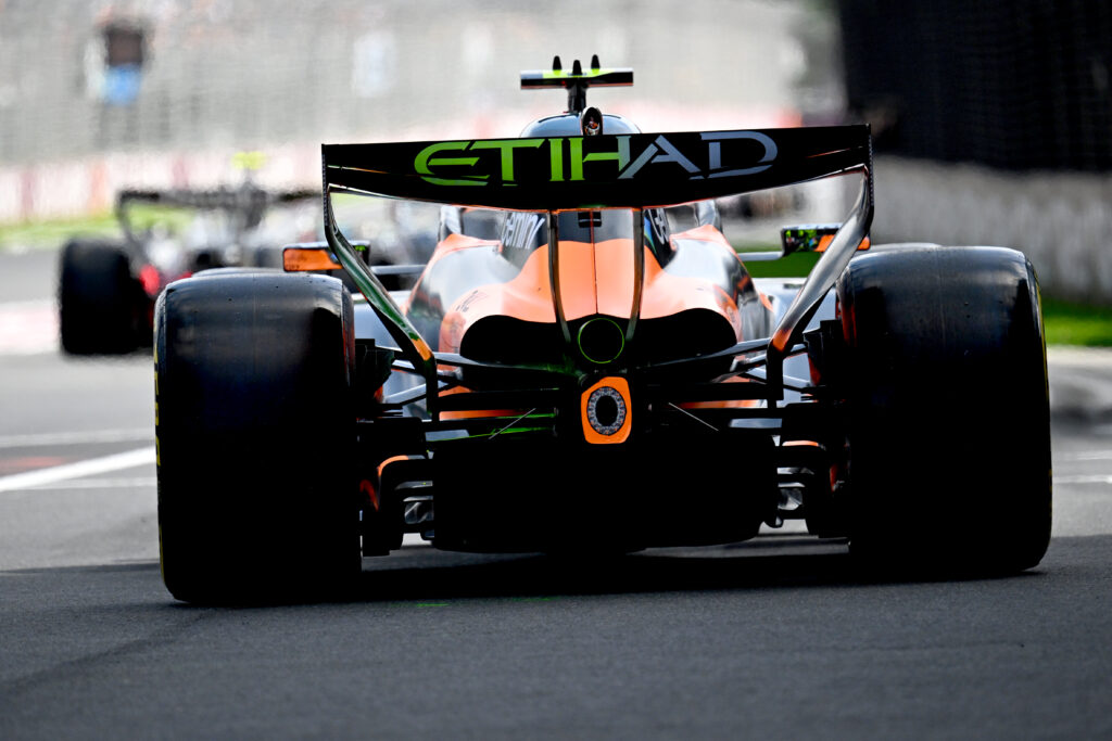 A shot of the rear of Lando Norris' McLaren in the pit lane during FP1 at the 2026 F1 Australian Grand Prix
