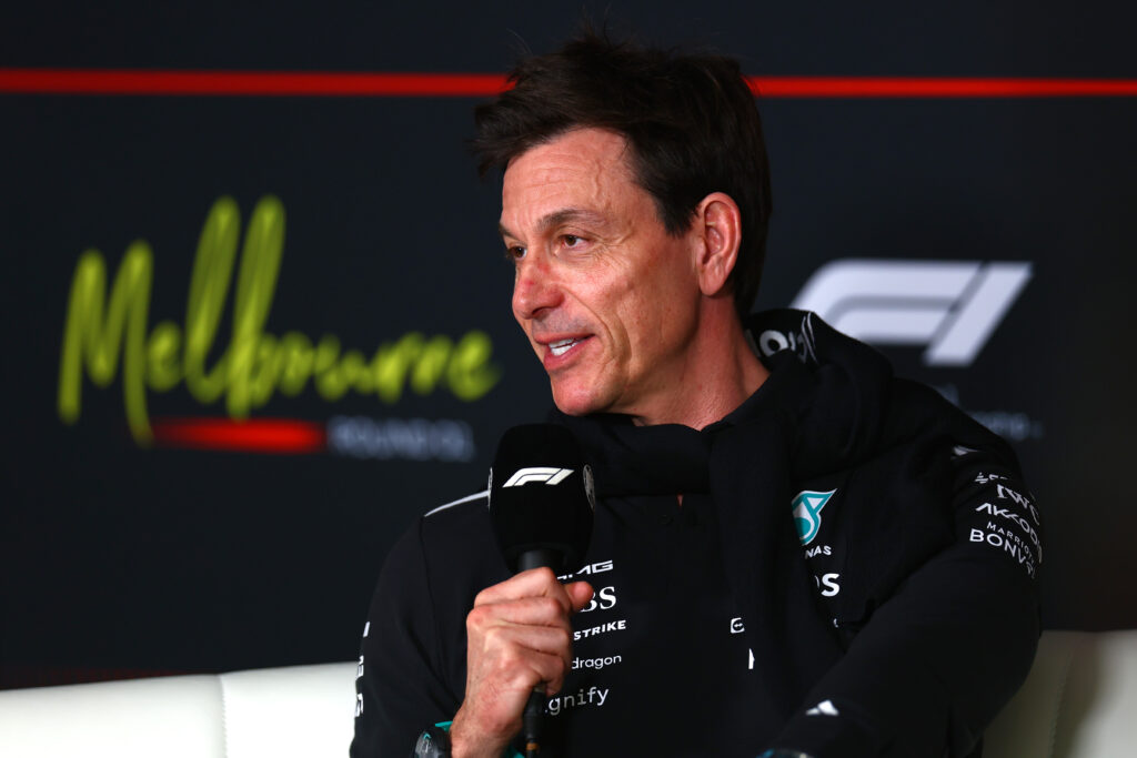 Toto Wolff of Mercedes speaks in an F1 press conference