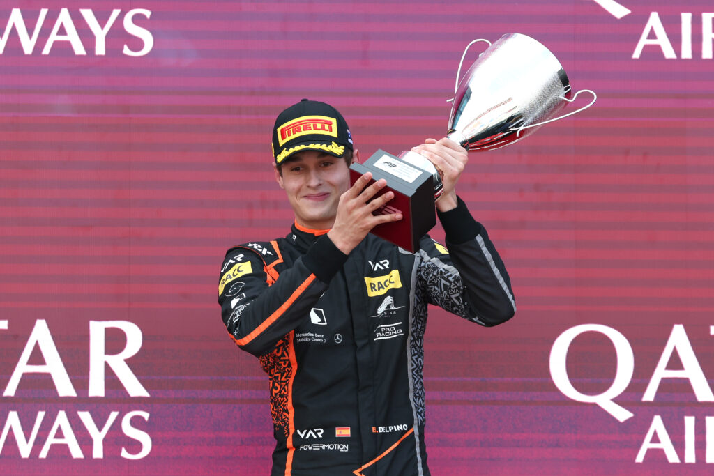 Van Amersfoort Racing driver Bruno del Pino celebrates winning the Formula 3 Sprint race in Melbourne, Australia