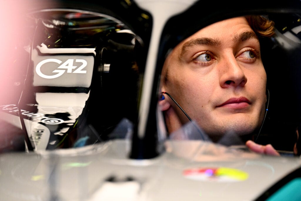 Mercedes driver George Russell looks out from his cockpit in the garage during practice at the 2026 F1 Australian Grand Prix