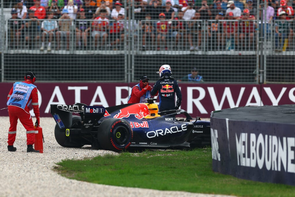 Red Bull driver Max Verstappen gets out of his car after crashing during qualifying for the 2026 F1 Australian Grand Prix