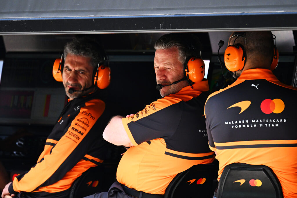 Andrea Stella, Team Principal of McLaren and Zak Brown, Chief Executive Officer of McLaren on the pit wall during qualifying ahead of the F1 Grand Prix of Australia at Albert Park Grand Prix Circuit on March 07, 2026 in Melbourne, Australia.