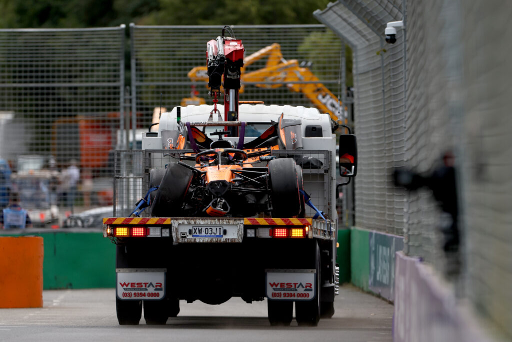 Oscar Piastri's crashed McLaren on the back of a recovery truck before the start of the 2026 F1 Australian Grand Prix