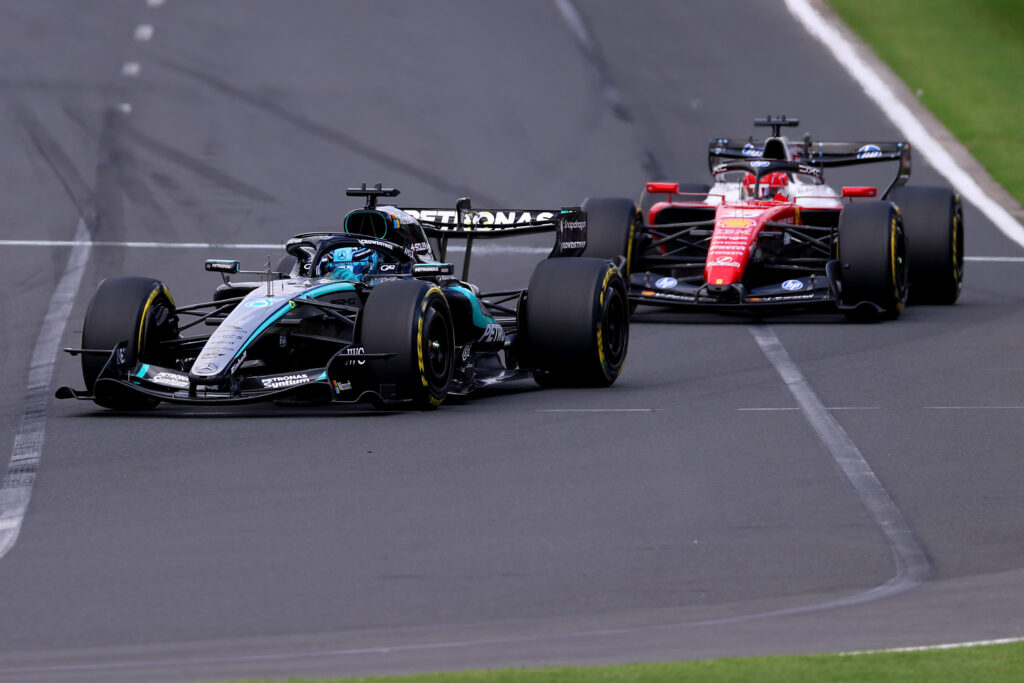 George Russell of Great Britain driving the (63) Mercedes AMG Petronas F1 Team W17 leads Charles Leclerc of Monaco driving the (16) Scuderia Ferrari SF-26 on track during the F1 Grand Prix of Australia at Albert Park Grand Prix Circuit on March 08, 2026 in Melbourne, Australia.