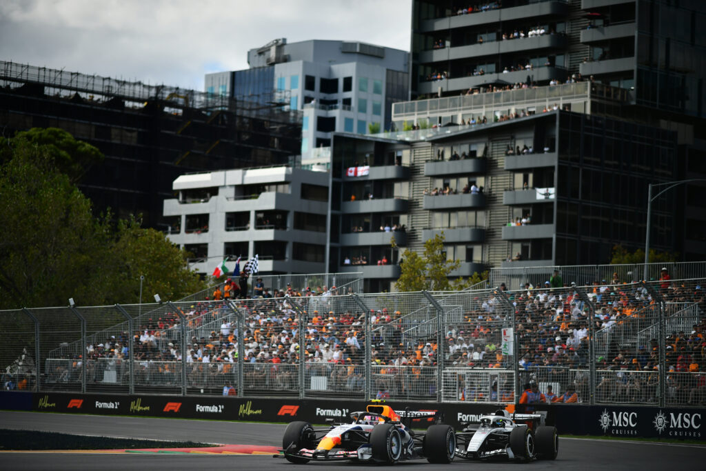 Racing Bulls racer Liam Lawson overtakes Cadillac driver Sergio Perez during the 2026 F1 Australian Grand Prix
