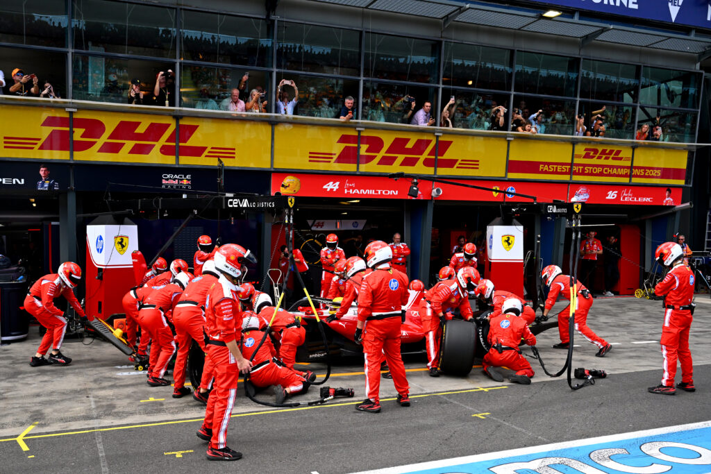 Lewis Hamilton of Great Britain driving the (44) Scuderia Ferrari SF-26 makes a pitstop during the F1 Grand Prix of Australia at Albert Park Grand Prix Circuit on March 08, 2026 in Melbourne, Australia.