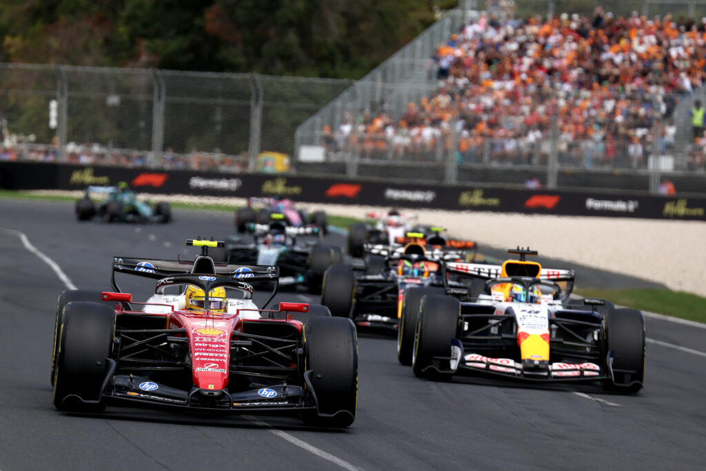 Ferrari driver Lewis Hamilton leading Arvid Lindblad at the 2026 Australian Grand Prix