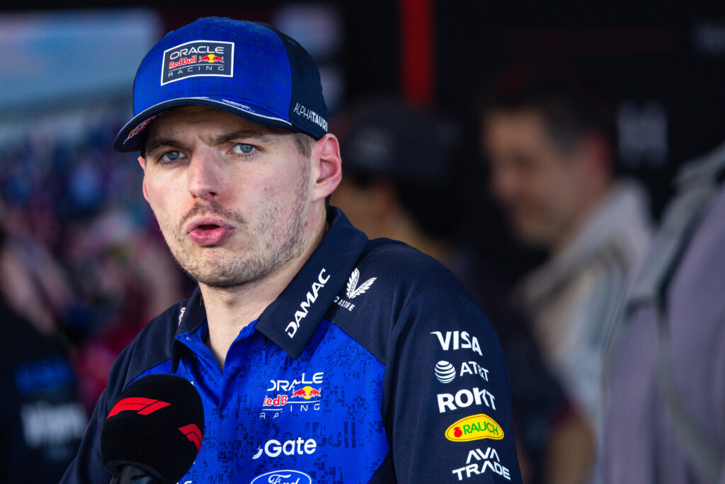 Max Verstappen of the Netherlands and Oracle Red Bull Racing answers questions in the TV media pen during the F1 Grand Prix of Australia at Albert Park Grand Prix Circuit on March 8, 2026 in Melbourne, Australia.