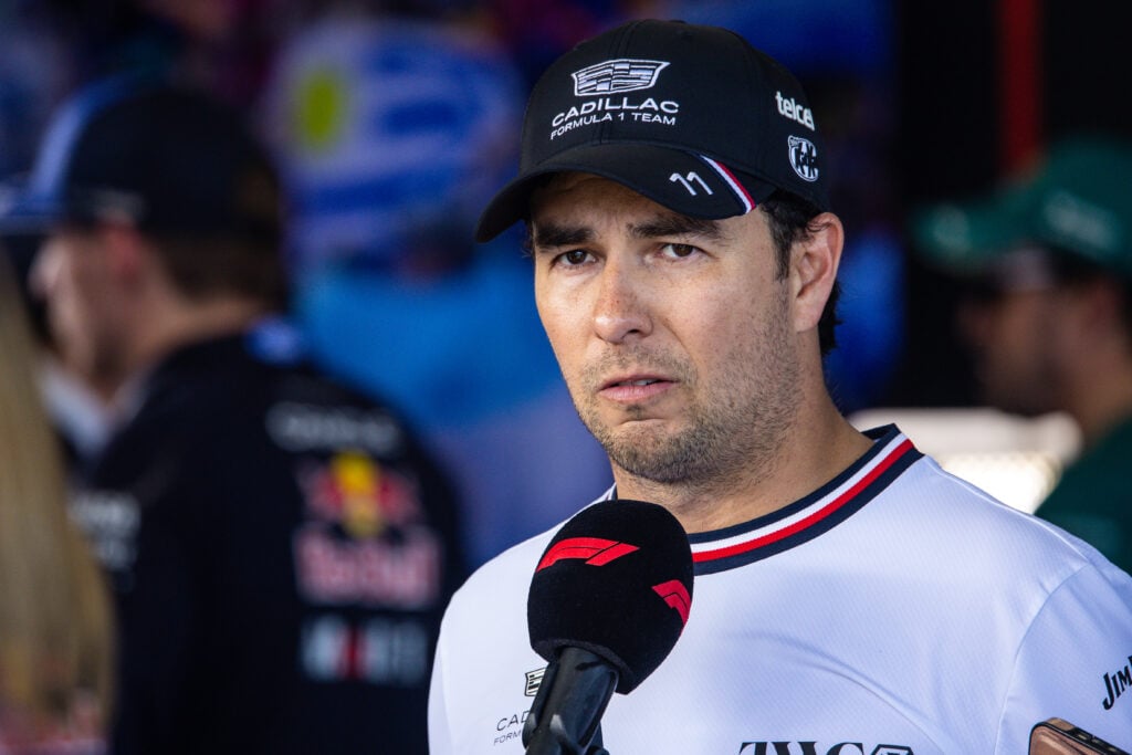 Sergio Perez of Mexico and Cadillac F1 Team answers questions in the TV media pen during the F1 Grand Prix of Australia at Albert Park Grand Prix Circuit on March 8, 2026 in Melbourne, Australia.