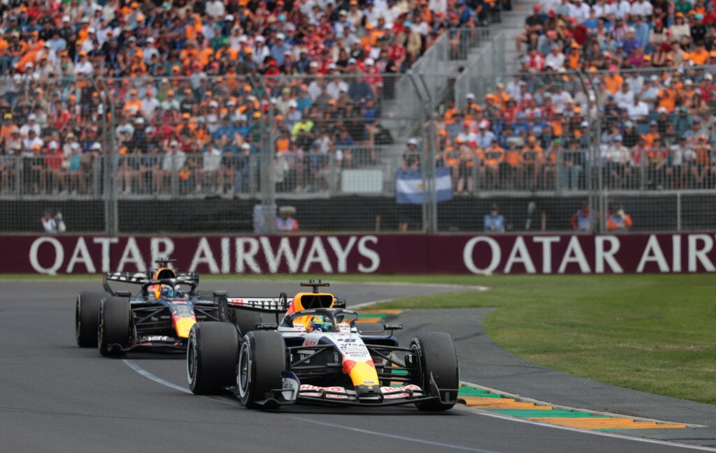 Arvid Lindblad leading Max Verstappen during the 2026 Australian Grand Prix.