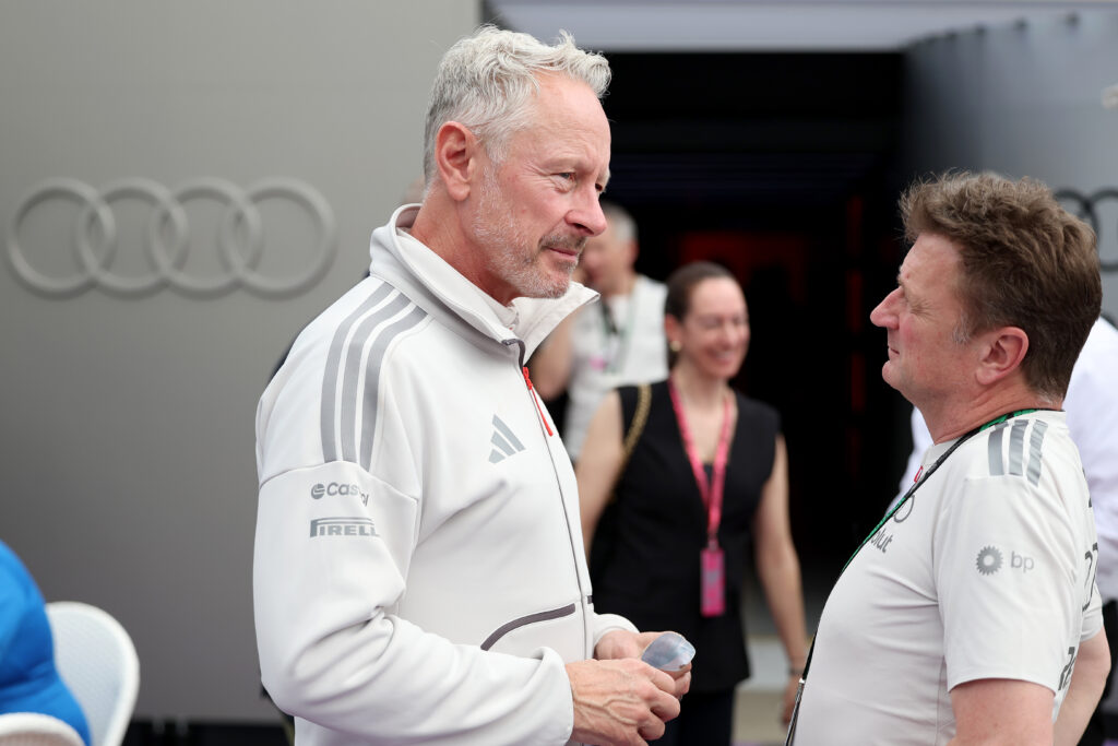 Jonathan Wheatley seen in the 2026 F1 Australian Grand Prix paddock with Audi driver development programme director Allan McNish