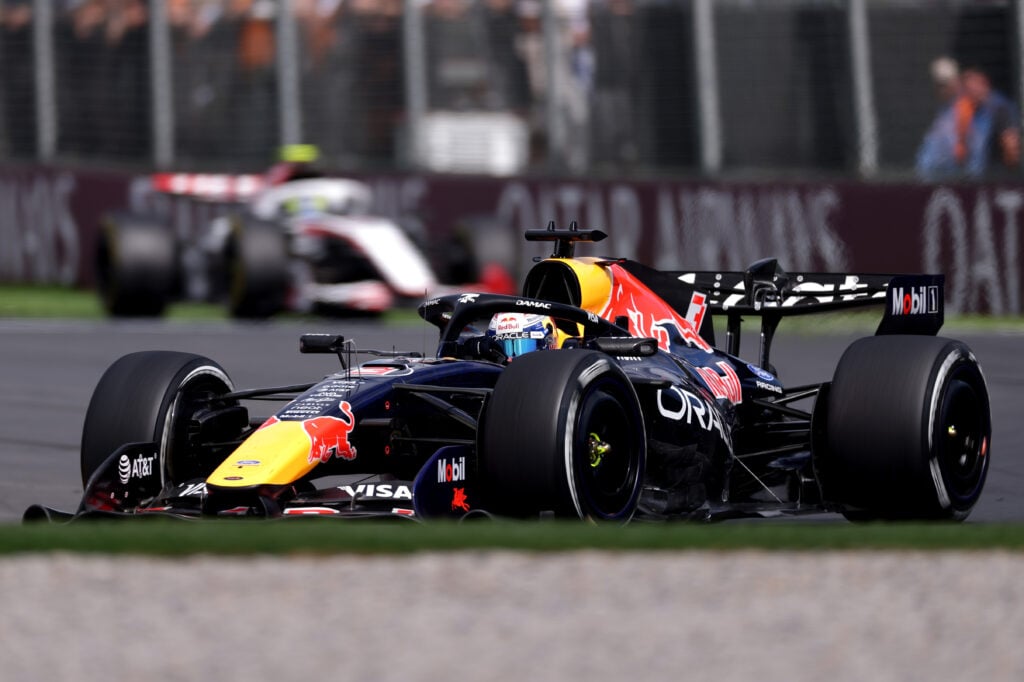 Red Bull Racing driver Max Verstappen racing at the 2026 Formula 1 Australian Grand Prix