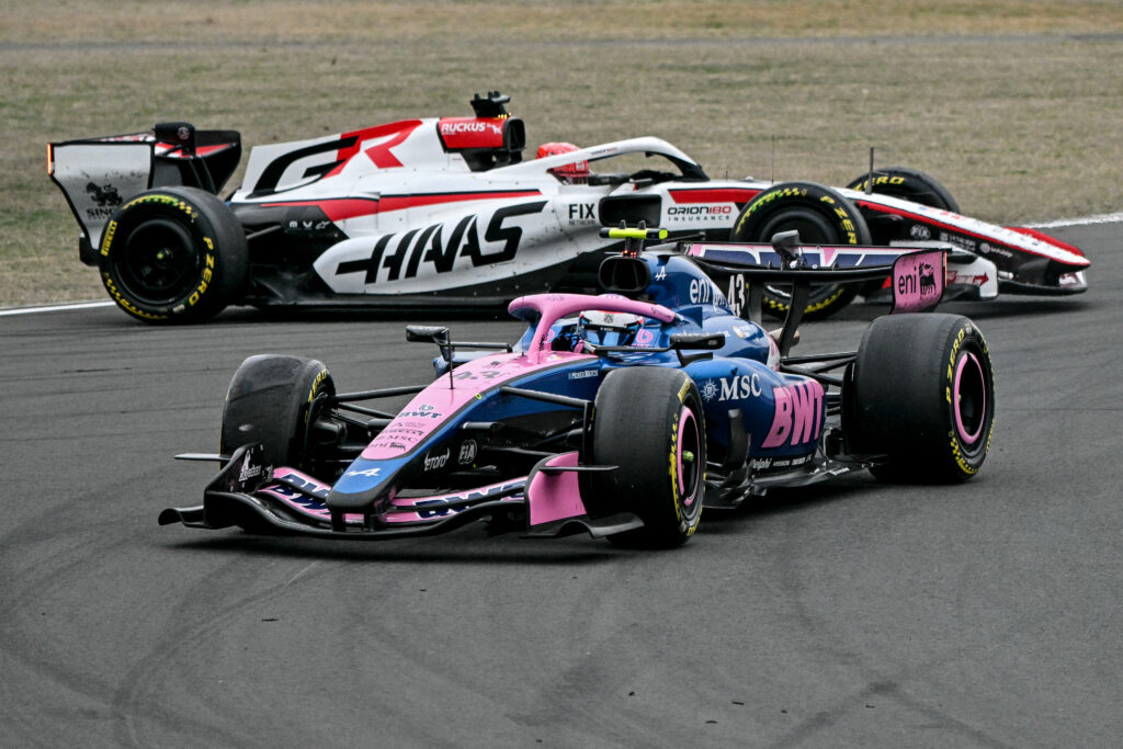 Haas driver Esteban Ocon after crashing into Alpine driver Franco Colapinto at the 2026 Formula 1 Chinese Grand Prix