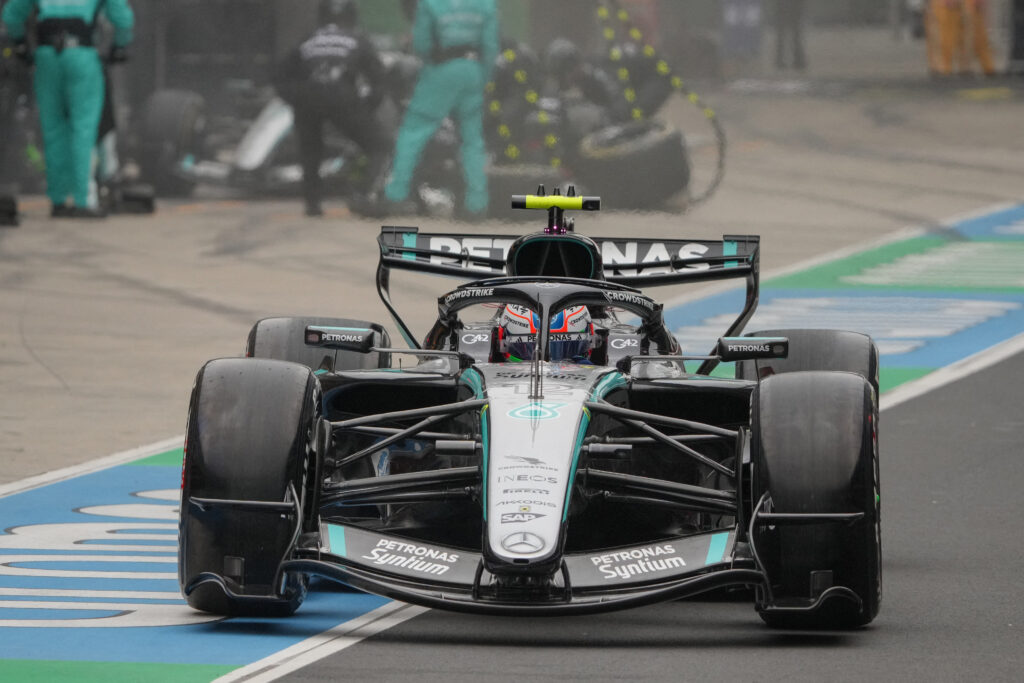 Mercedes' Italian driver Kimi Antonelli drives out of the pit lane during the Formula One Chinese Grand Prix at the Shanghai International Circuit in Shanghai on March 15, 2026.
