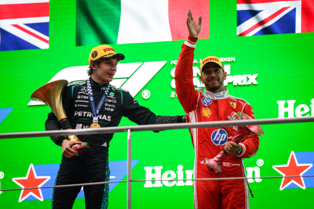 Kimi Antonelli and Lewis Hamilton on the podium at the 2026 Chinese Grand Prix