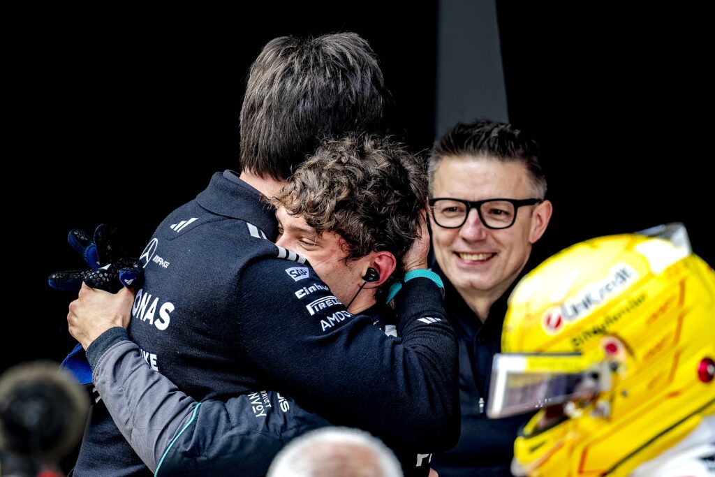 Formula 1 driver Kimi Antonelli of Mercedes AMG-Petronas Formula One Team wins his first race and is congratulated by Team Principal Toto Wolff of Mercedes AMG-Petronas Formula One Team during the Formula 1 China Shanghai race at the Shanghai International Circuit on March 15, 2025, in Shanghai, China.